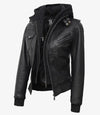 Edinburgh Women's Bomber Black Leather Jacket with Removable Hood - Rare Leather