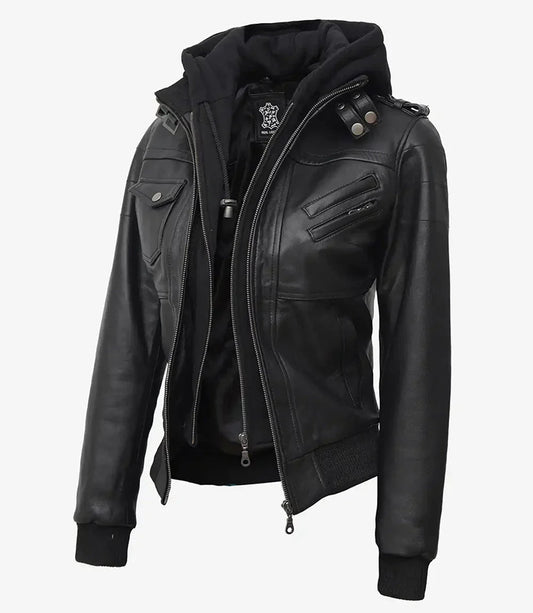 Edinburgh Women's Bomber Black Leather Jacket with Removable Hood - Vox Leather