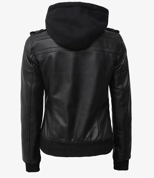 Edinburgh Women's Bomber Black Leather Jacket with Removable Hood - Vox Leather