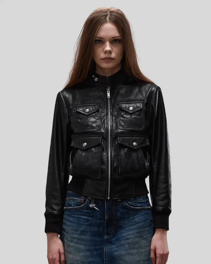 Emma Black Leather Bomber Jacket with Four - Pocket Design - Rare Leather