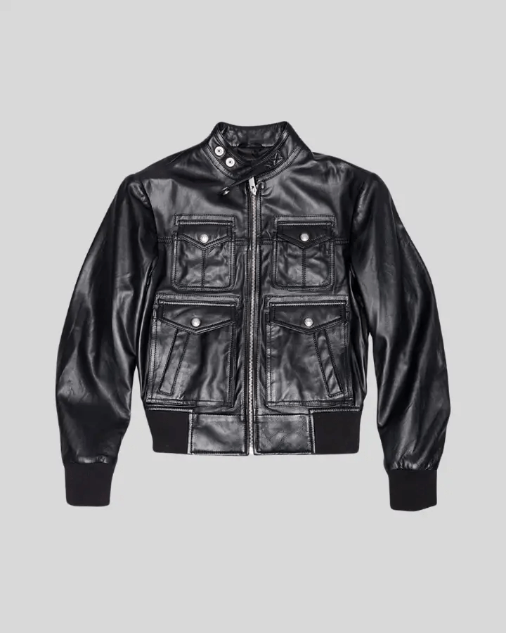 Emma Black Leather Bomber Jacket with Four - Pocket Design - Rare Leather