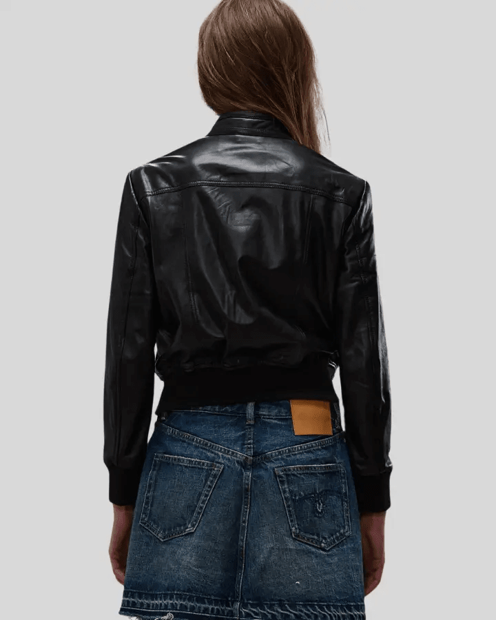 Emma Black Leather Bomber Jacket with Four-Pocket Design - Vox Leather