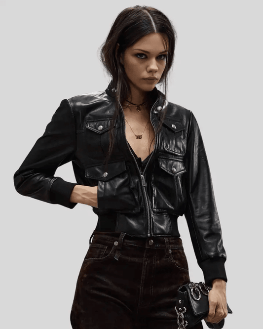Emma Black Leather Bomber Jacket with Four-Pocket Design - Vox Leather