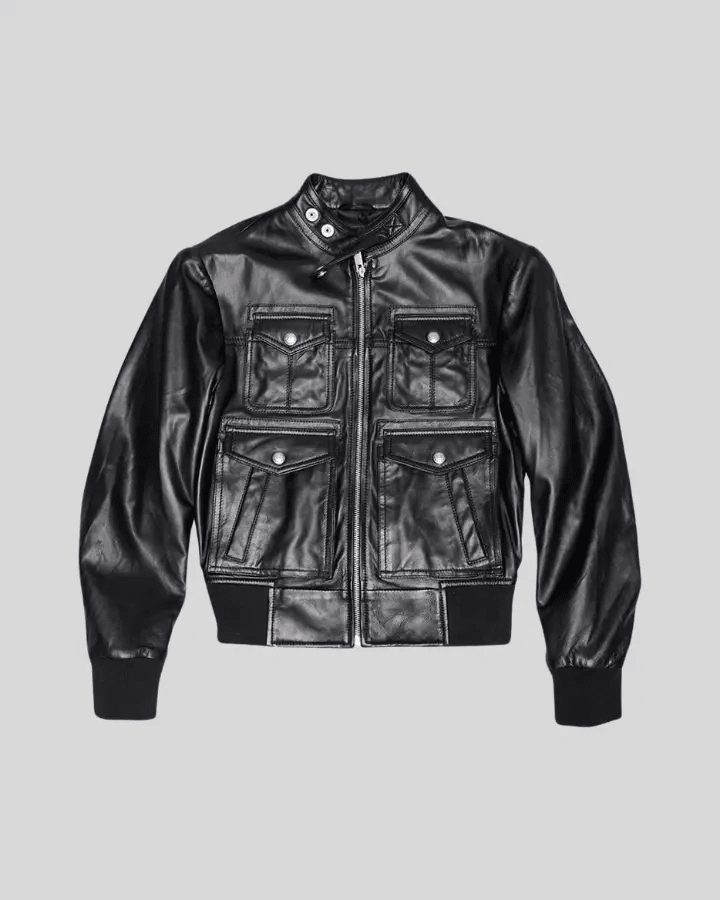Emma Black Leather Bomber Jacket with Four-Pocket Design - Vox Leather