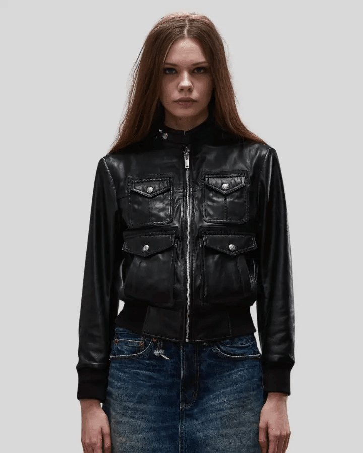 Emma Black Leather Bomber Jacket with Four-Pocket Design - Vox Leather