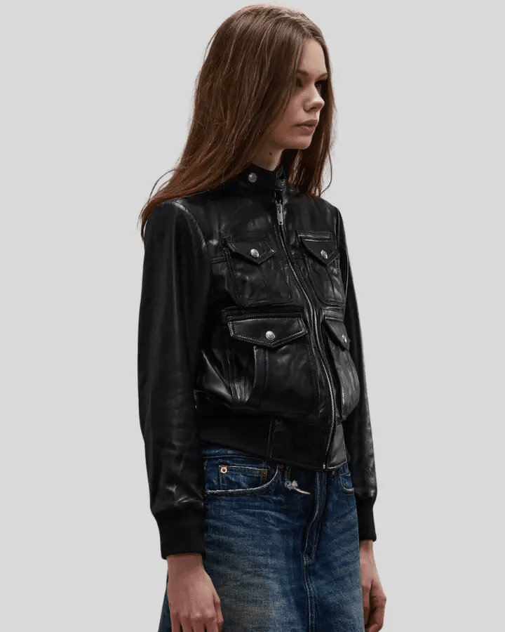 Emma Black Leather Bomber Jacket with Four-Pocket Design - Vox Leather