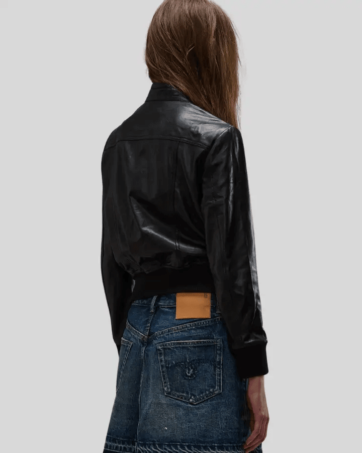 Emma Black Leather Bomber Jacket with Four-Pocket Design - Vox Leather