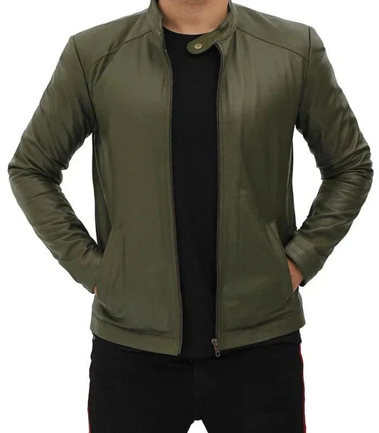 Fano Mens Olive Green Lambskin Leather Biker Jacket - Vox Leather