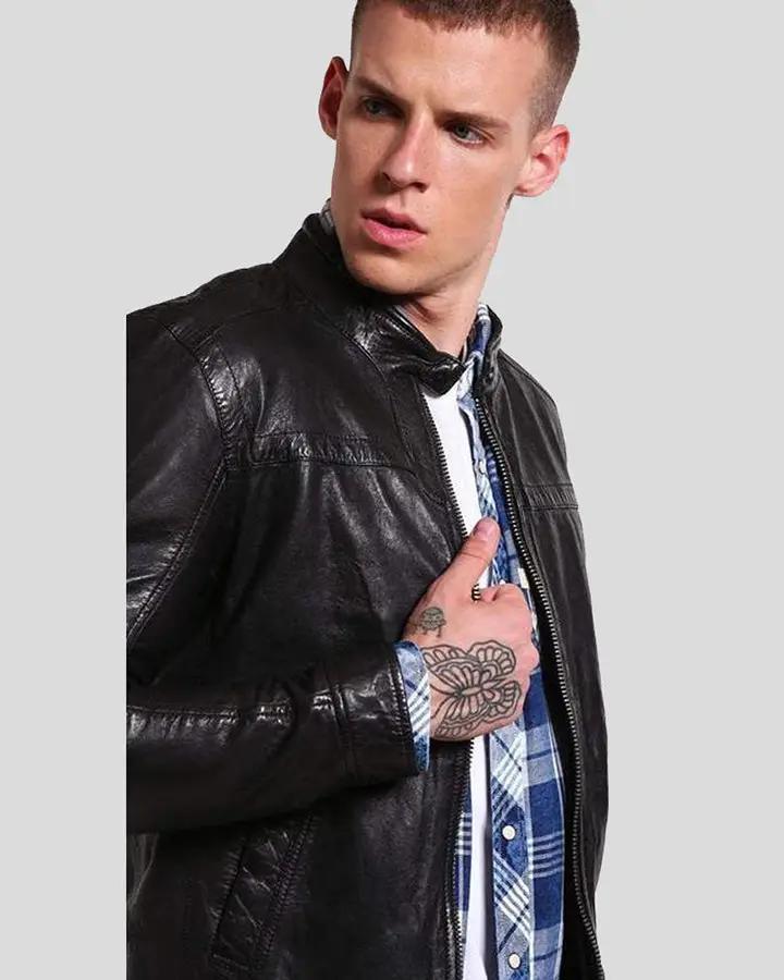 Ferd Black Slim Fit Leather Racer Jacket - Rare Leather