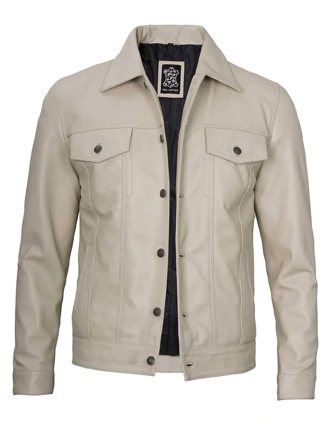 Fernando Men's Beige Real Trucker Leather Jacket - Rare Leather