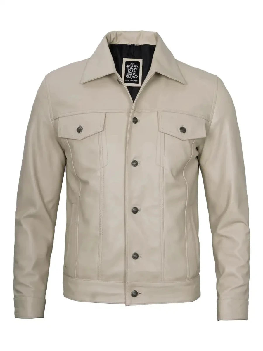 Fernando Men's Beige Real Trucker Leather Jacket - Vox Leather