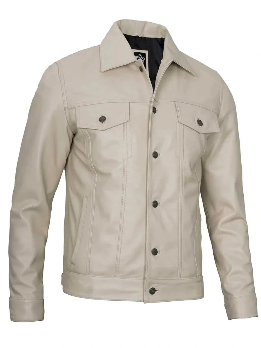 Fernando Men's Beige Real Trucker Leather Jacket - Vox Leather