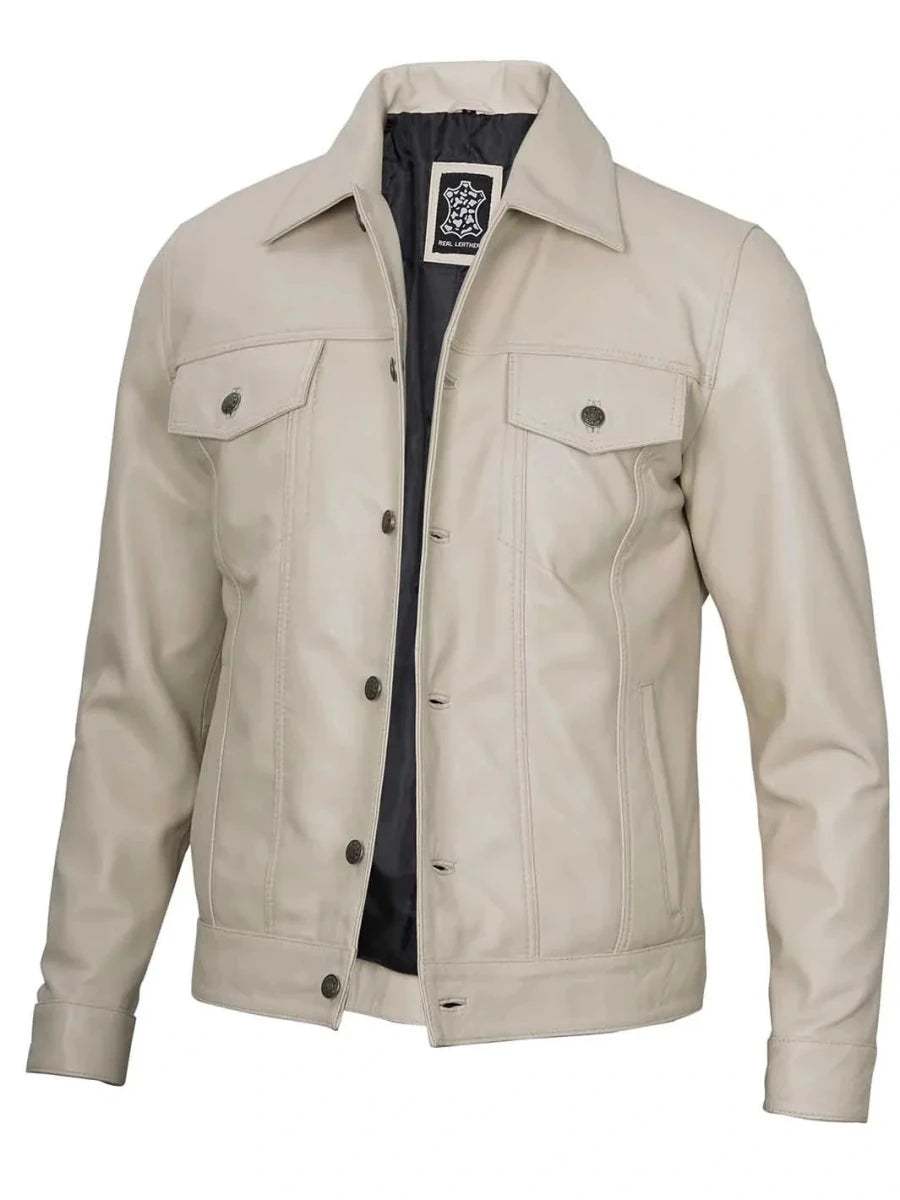 Fernando Men's Beige Real Trucker Leather Jacket - Vox Leather