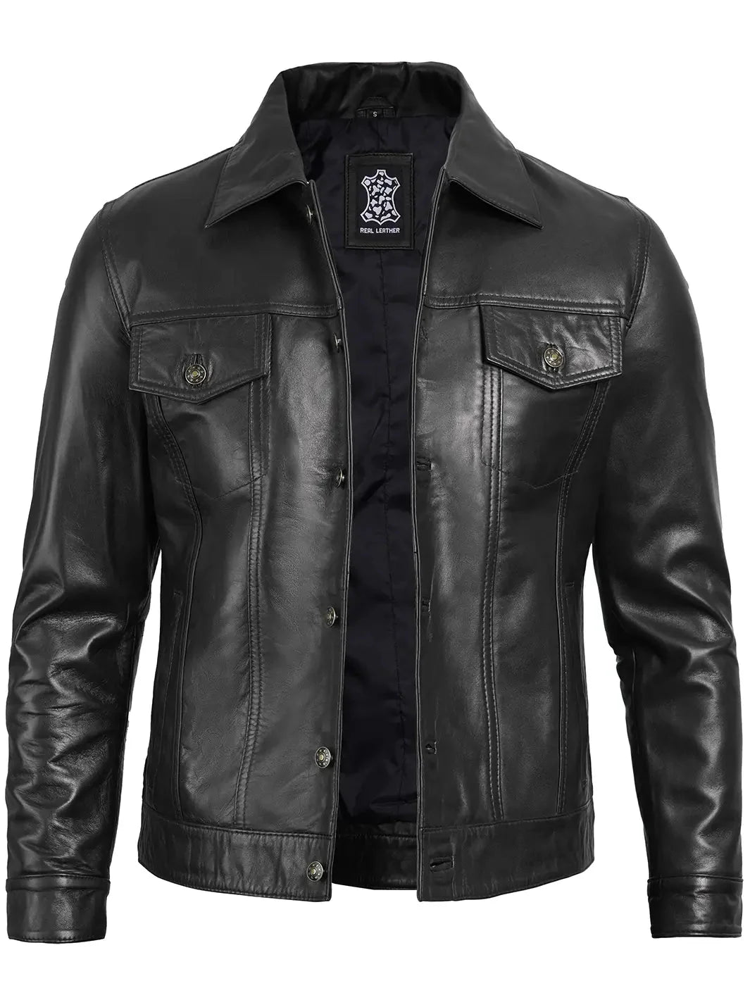Fernando Mens Black Leather Trucker Jacket - Rare Leather