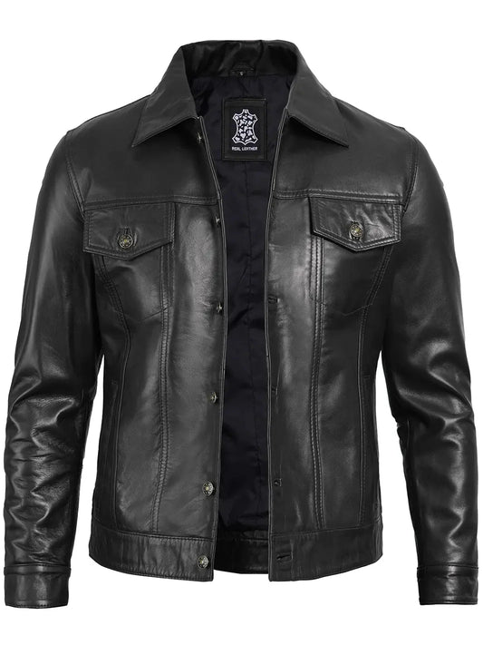 Fernando Mens Black Leather Trucker Jacket - Rare Leather