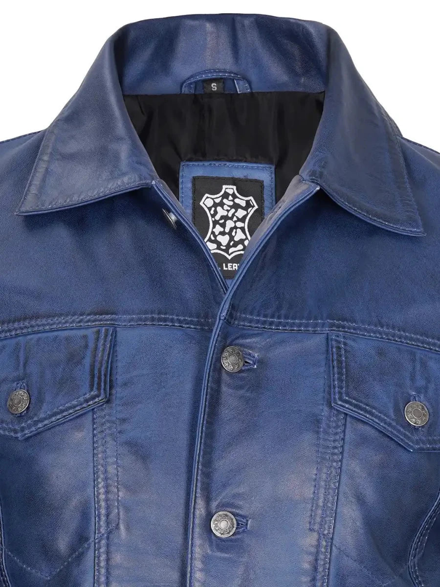 Fernando Men's Blue Real Leather Trucker Jacket - Vox Leather