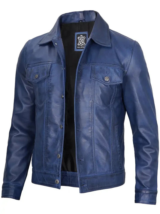 Fernando Men's Blue Real Leather Trucker Jacket - Vox Leather