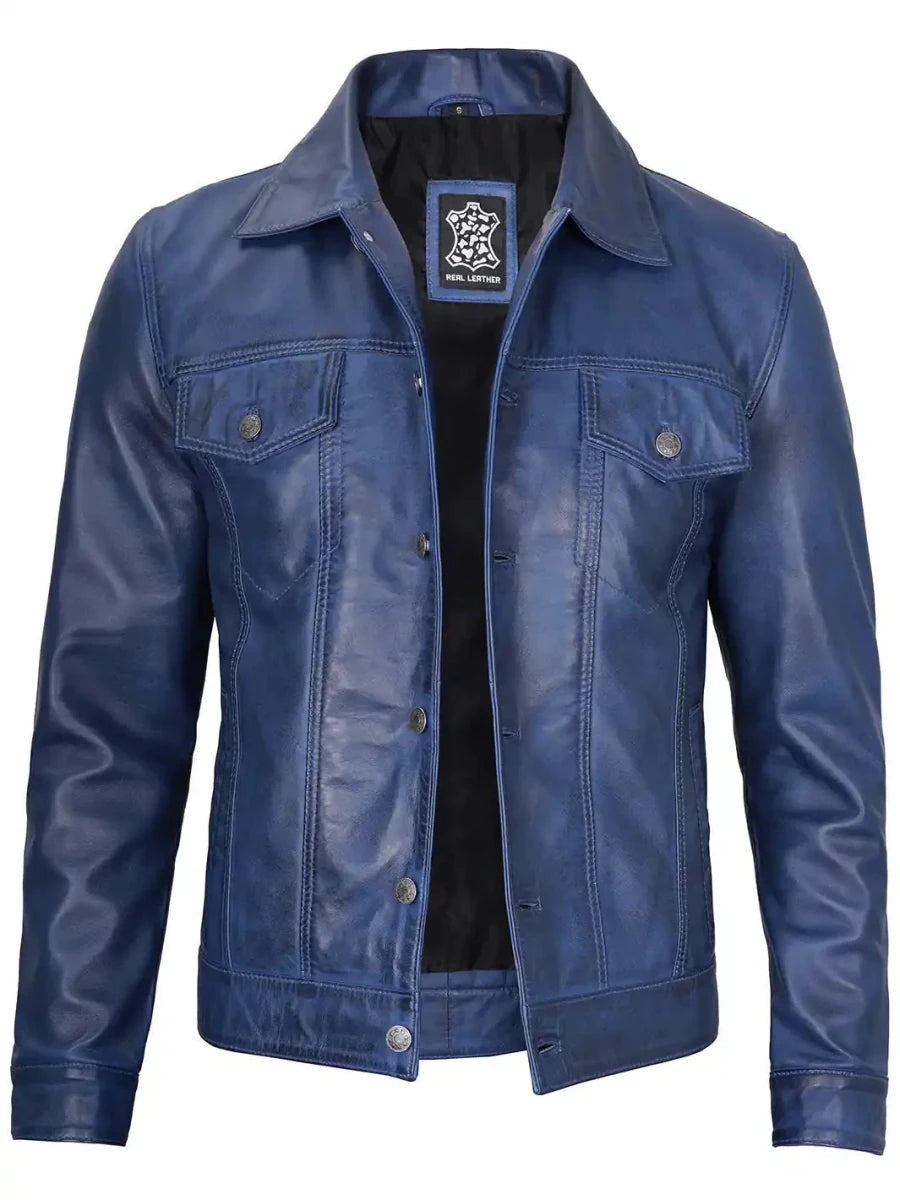 Fernando Men's Blue Real Leather Trucker Jacket - Vox Leather