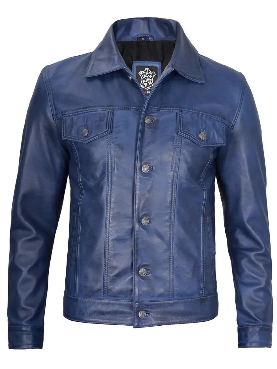 Fernando Men's Blue Real Leather Trucker Jacket - Vox Leather
