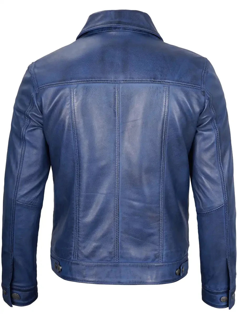 Fernando Men's Blue Real Leather Trucker Jacket - Vox Leather