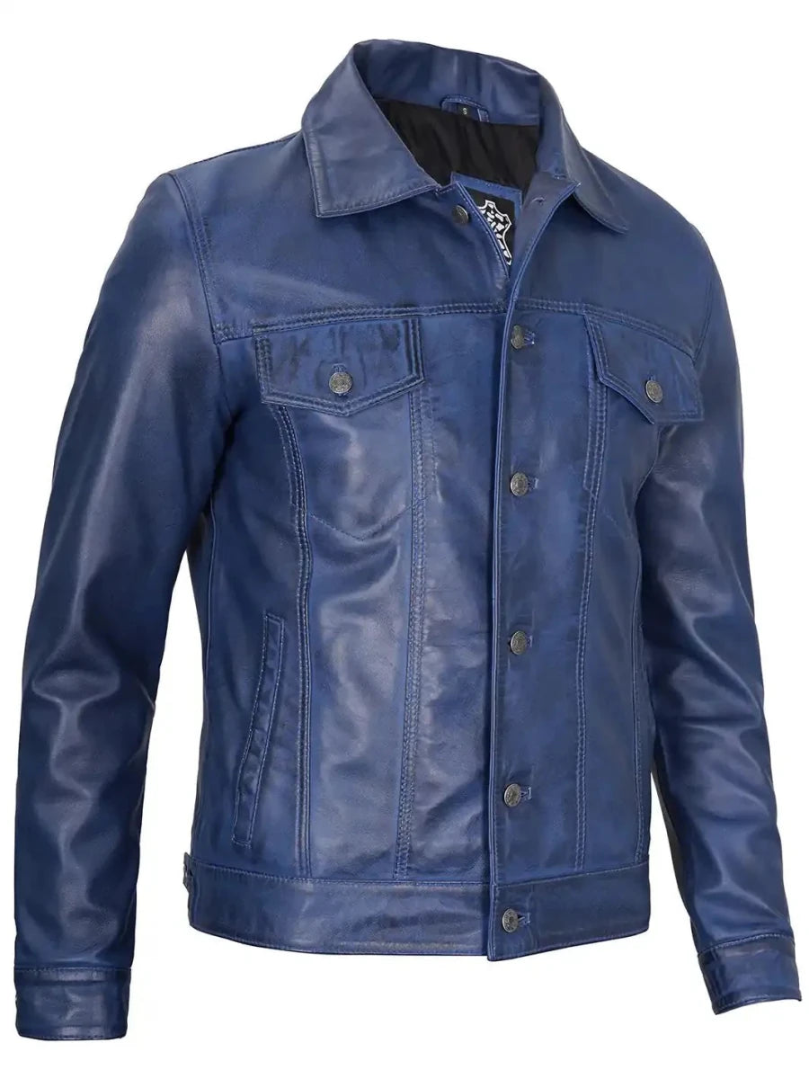 Fernando Men's Blue Real Leather Trucker Jacket - Vox Leather