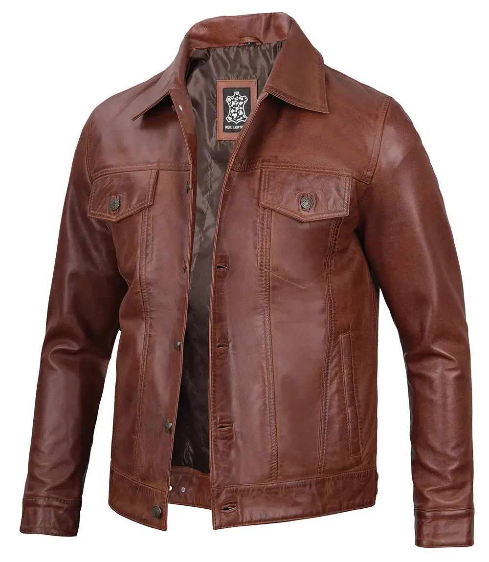 Fernando Men's Brown Harrington Leather Trucker Jacket - Rare Leather