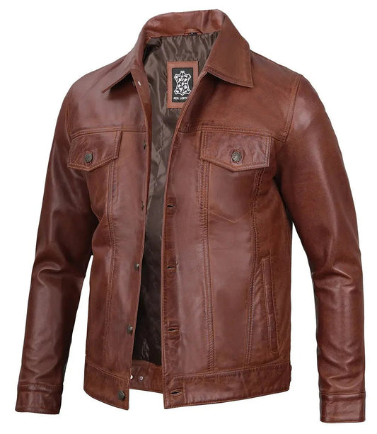 Fernando Men's Brown Harrington Leather Trucker Jacket - Vox Leather