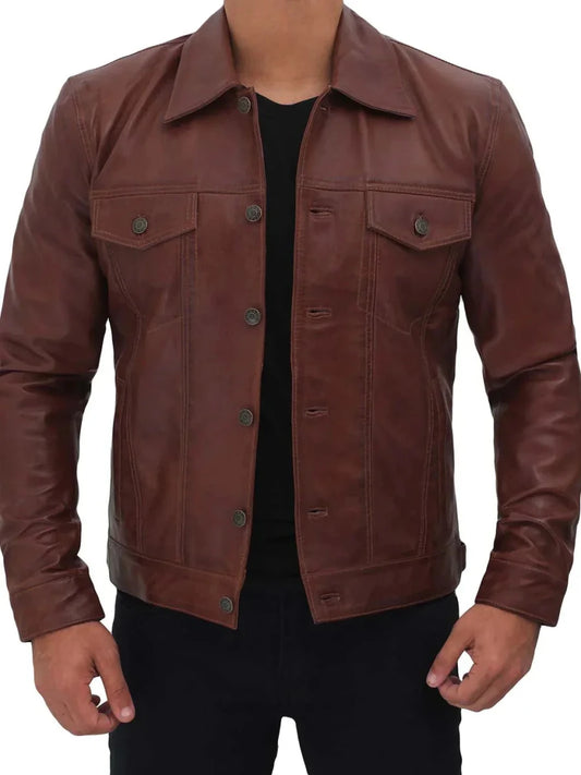 Fernando Men's Brown Leather Trucker Jacket - Vox Leather