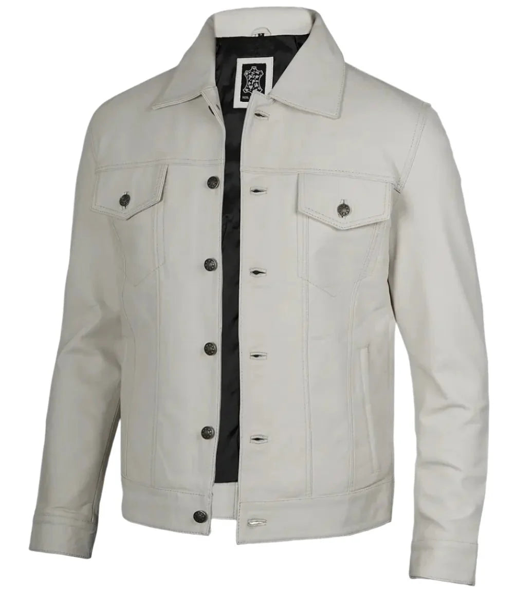 Fernando Men's Off White Leather Trucker Jacket - Rare Leather
