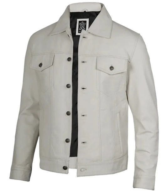 Fernando Men's Off White Leather Trucker Jacket - Rare Leather