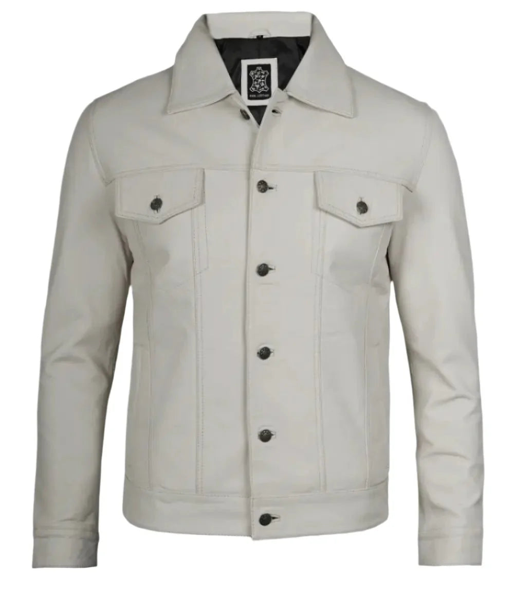 Fernando Men's Off White Leather Trucker Jacket - Rare Leather