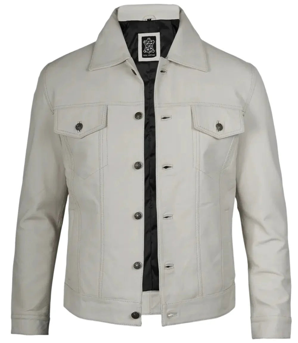 Fernando Men's Off White Leather Trucker Jacket - Rare Leather