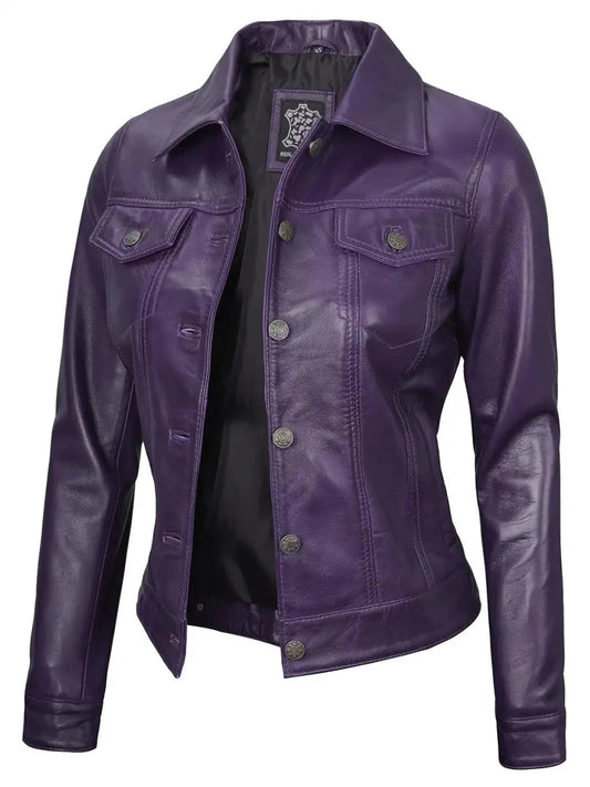 Fernando Women Purple Leather Trucker Jacket - Vox Leather