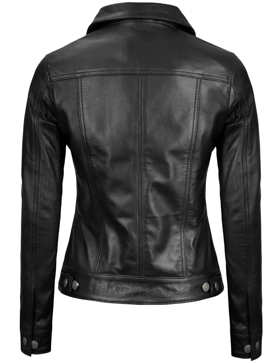 Fernando Women's Black Leather Trucker Jacket - Vox Leather