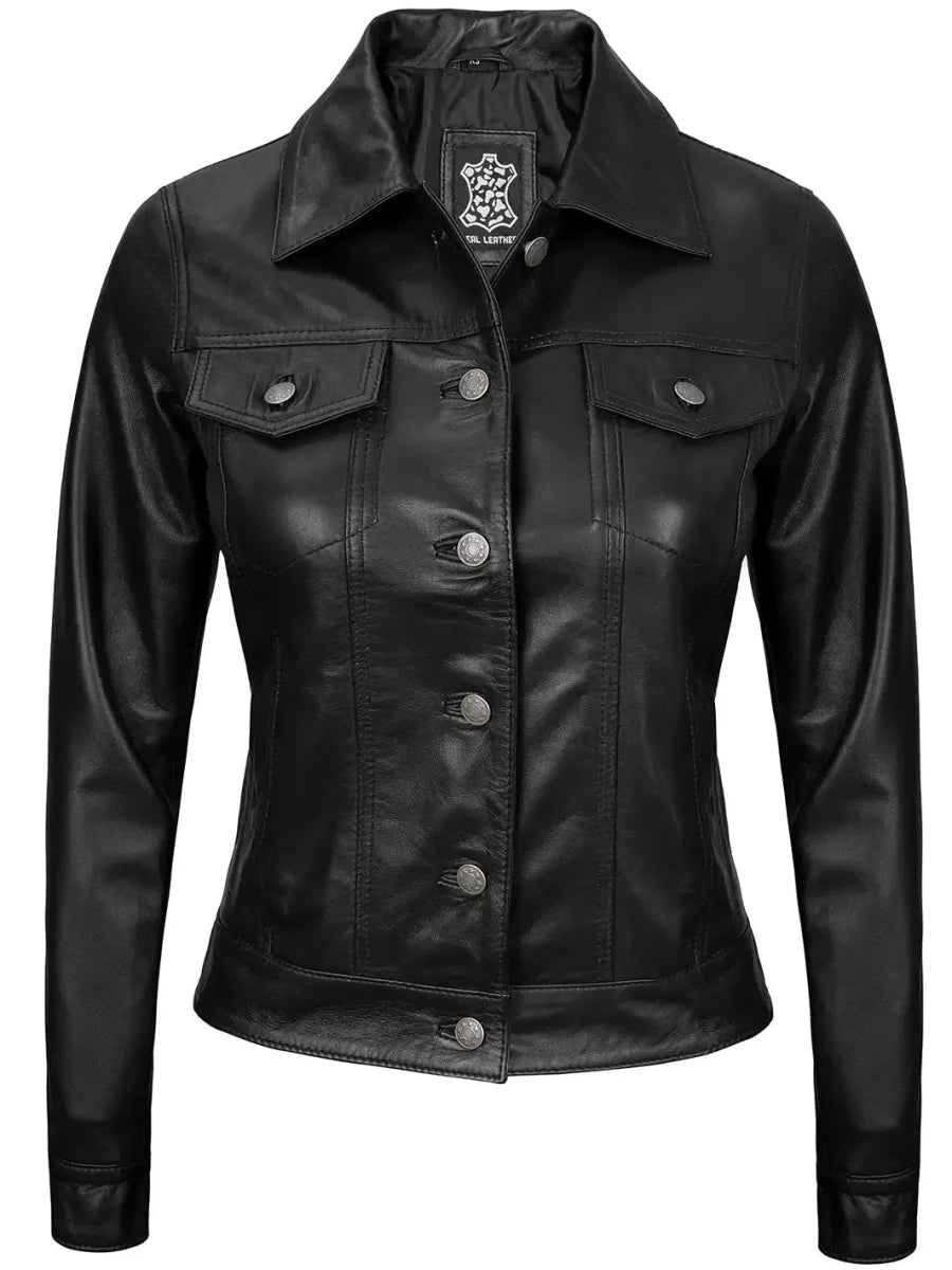 Fernando Women's Black Leather Trucker Jacket - Vox Leather