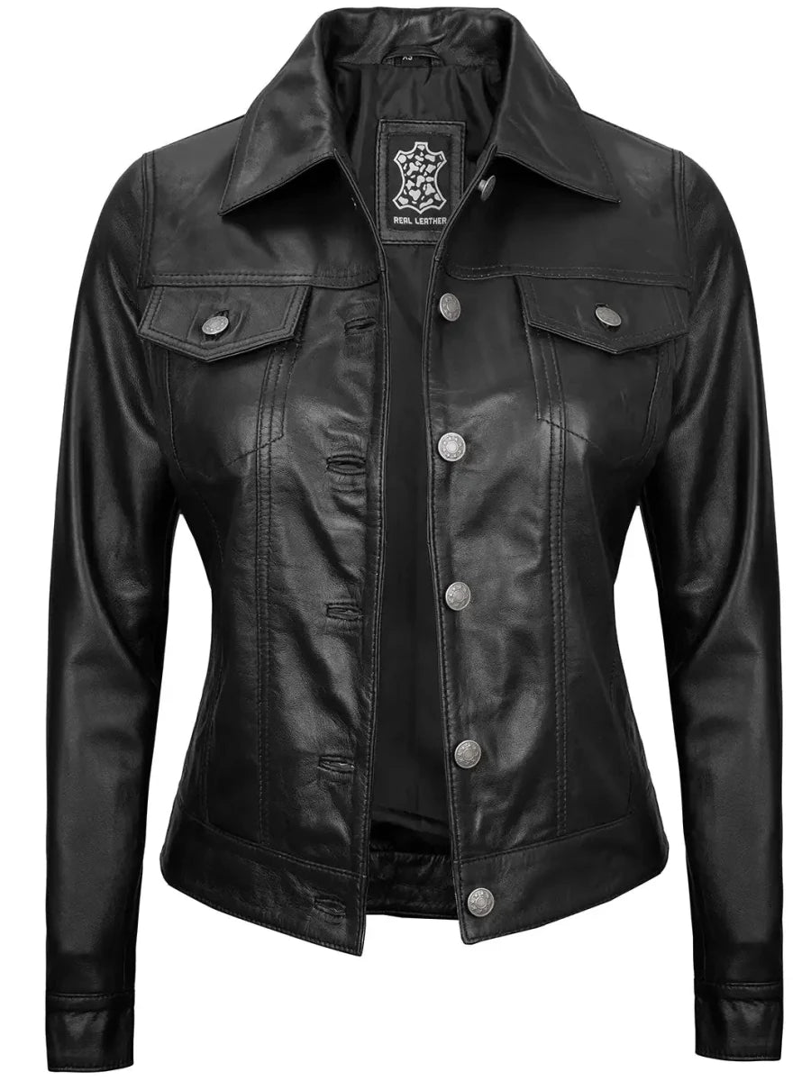 Fernando Women's Black Leather Trucker Jacket - Vox Leather