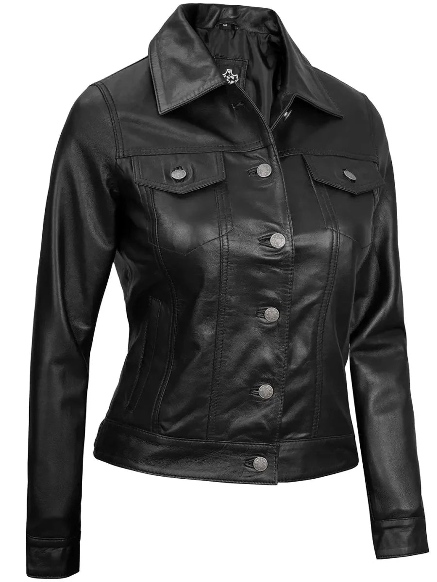 Fernando Women's Black Leather Trucker Jacket - Vox Leather