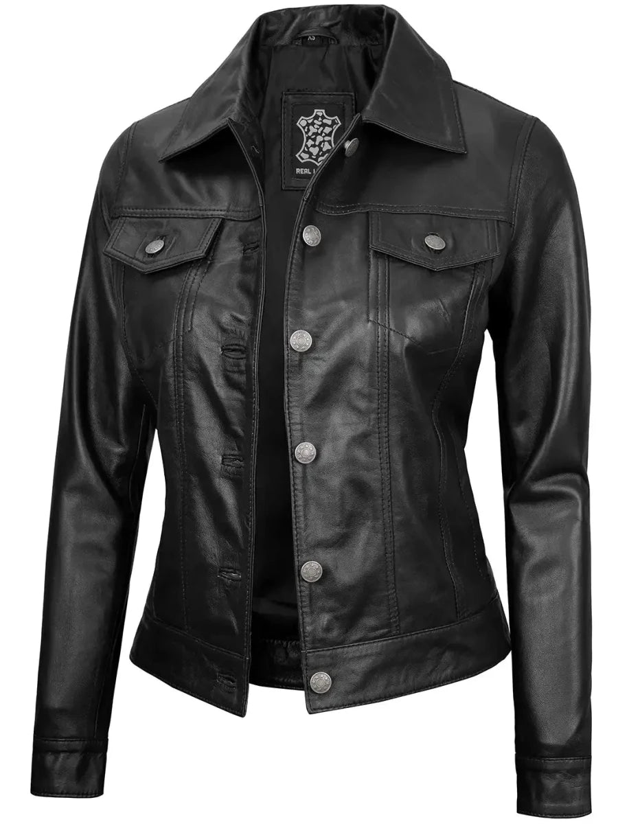 Fernando Women's Black Leather Trucker Jacket - Vox Leather