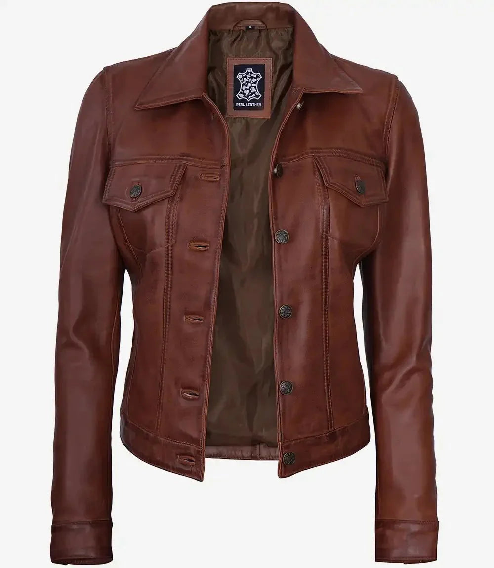 Fernando Womens Cognac Brown Leather Trucker Jacket - Rare Leather