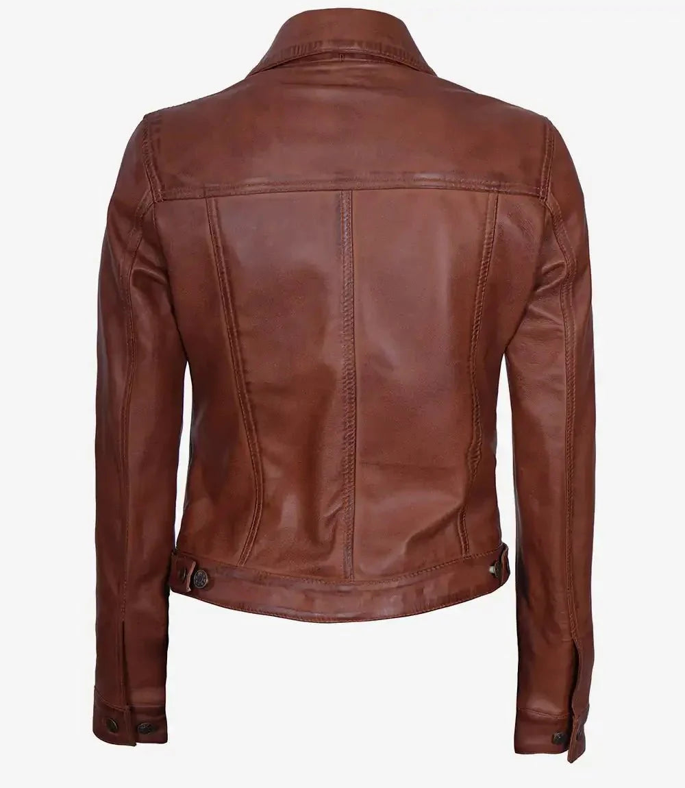 Fernando Womens Cognac Brown Leather Trucker Jacket - Rare Leather