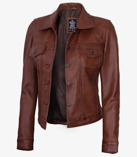 Fernando Womens Cognac Brown Leather Trucker Jacket - Vox Leather