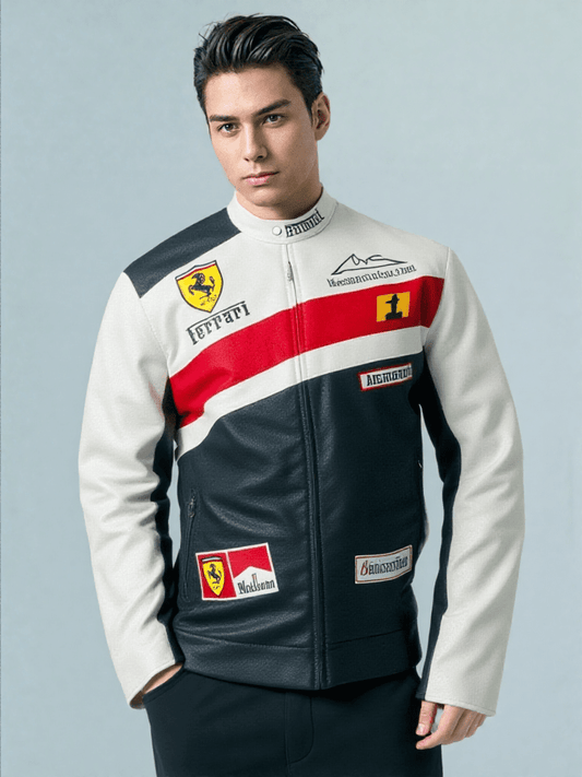 Ferrari Black & White Leather Vintage Racing Jacket - Vox Leather