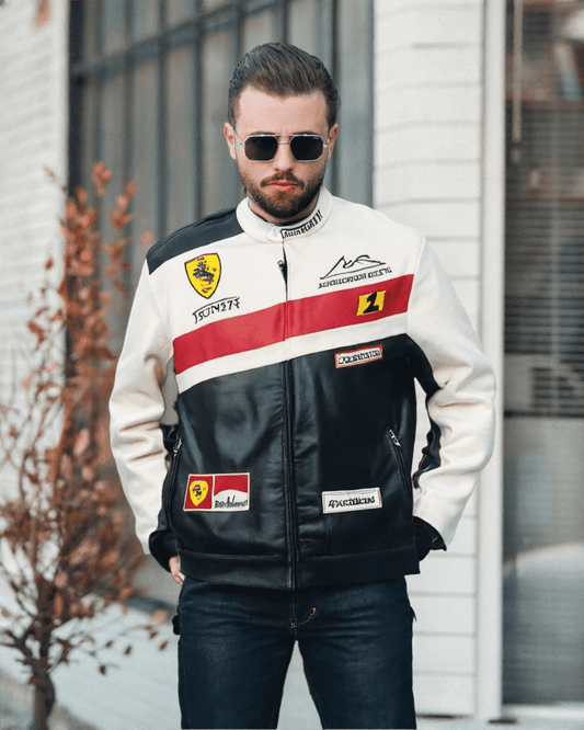 Ferrari Black & White Leather Vintage Racing Jacket - Vox Leather