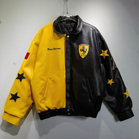 Ferrari Black-Yellow Leather Vintage Racing Jacket - Vox Leather