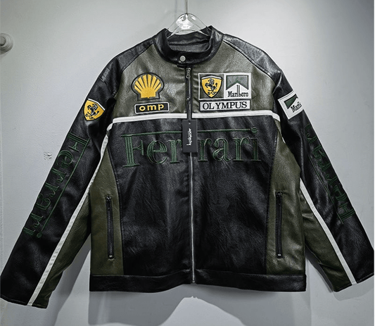 Ferrari Green - Black Leather Vintage Racing Jacket - Rare Leather Order Now !!