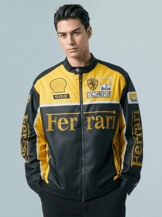 Ferrari Yellow - Black Leather Vintage Racing Jacket - Rare Leather Order Now !!