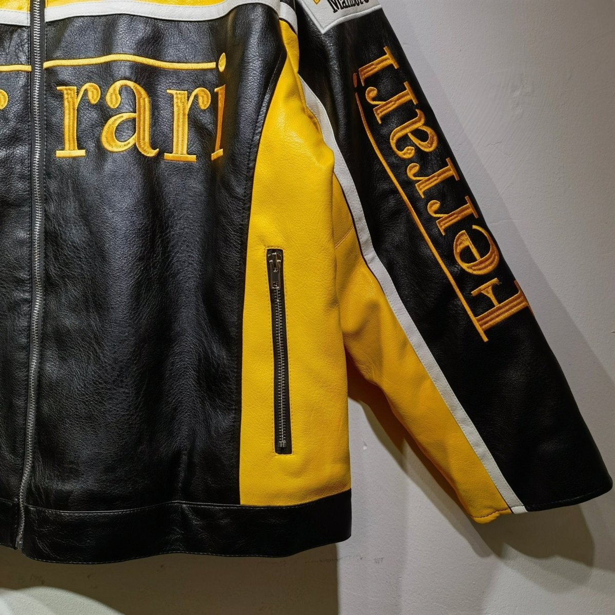 Ferrari Yellow-Black Leather Vintage Racing Jacket - Vox Leather