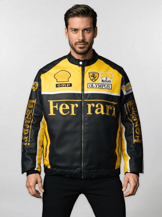 Ferrari Yellow-Black Leather Vintage Racing Jacket - Vox Leather