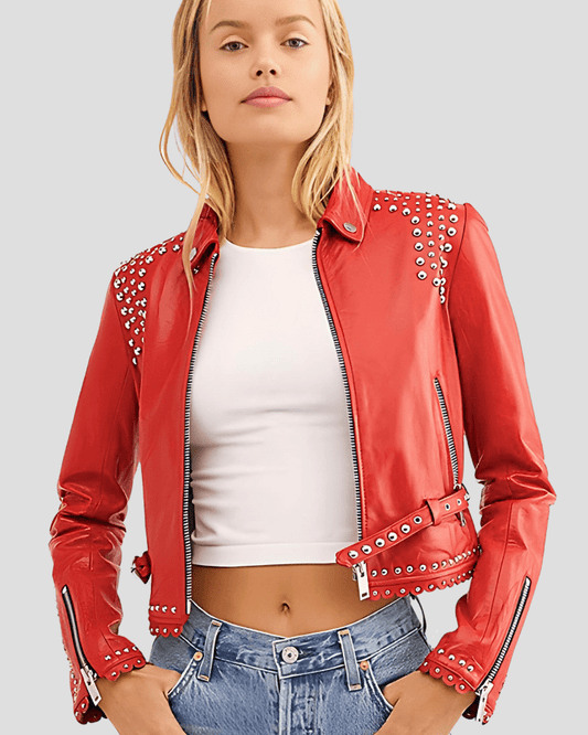 Fiadh Red Studded Leather Jacket - Vox Leather