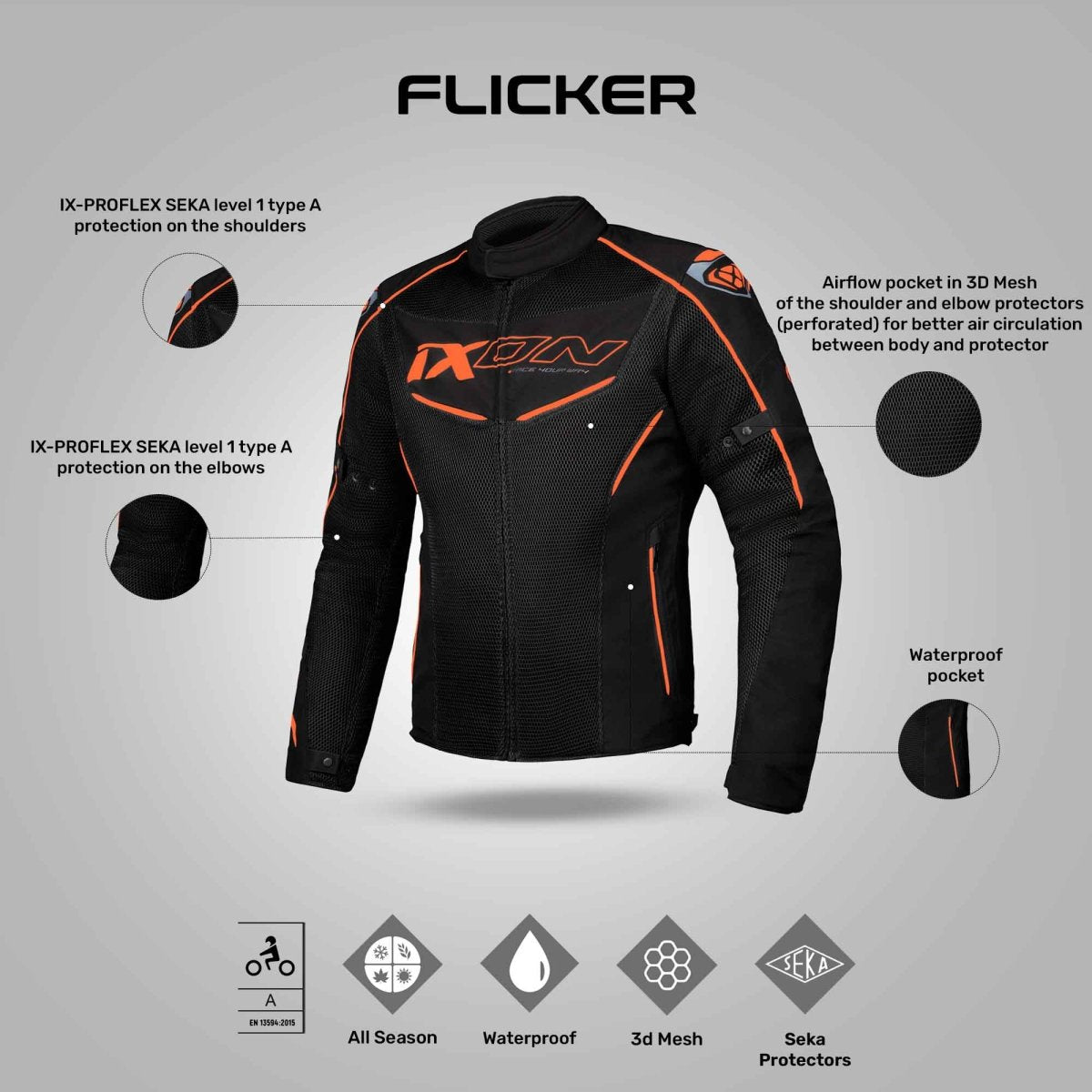 Flicker - All Weather Riding Jacket (Black/Orange) - Vox Leather